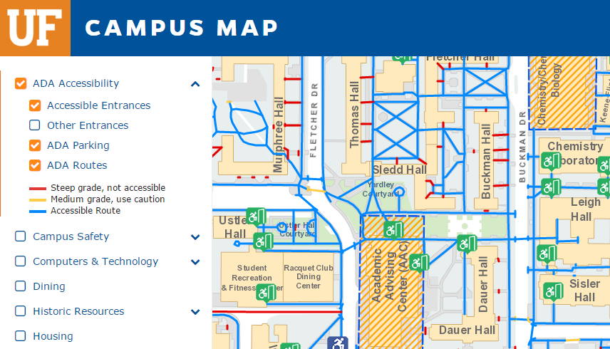 Select ADA Accessibility options on the UF Campus map to view accessible entrances and parking.

link to map